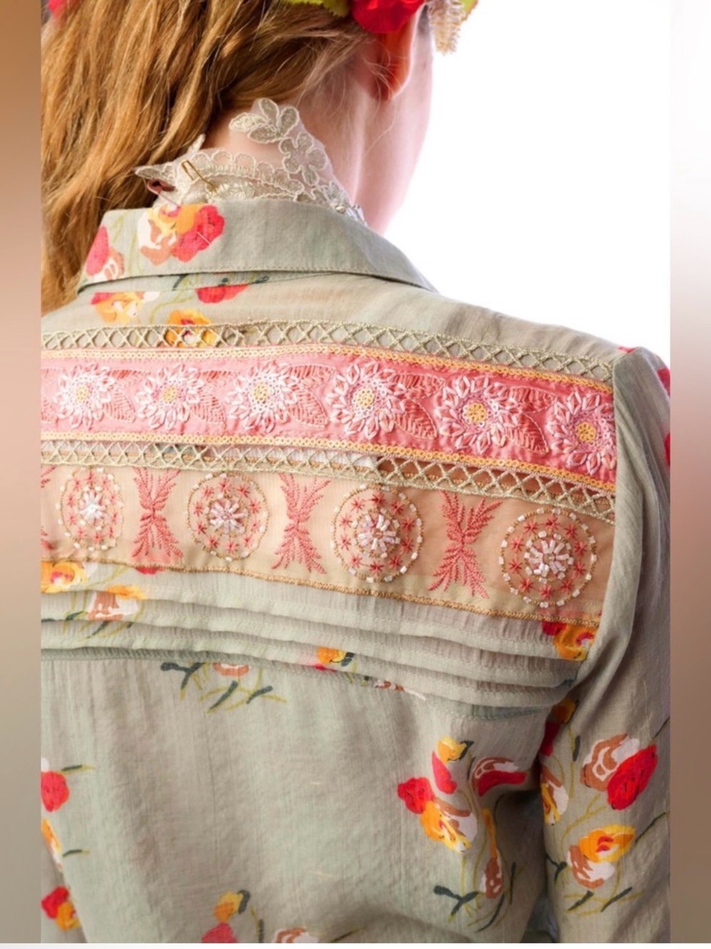 Aratta Mia Grace Floral Embroidered Olive Fall Blouse NWT #cottagecore - Picture 7 of 13